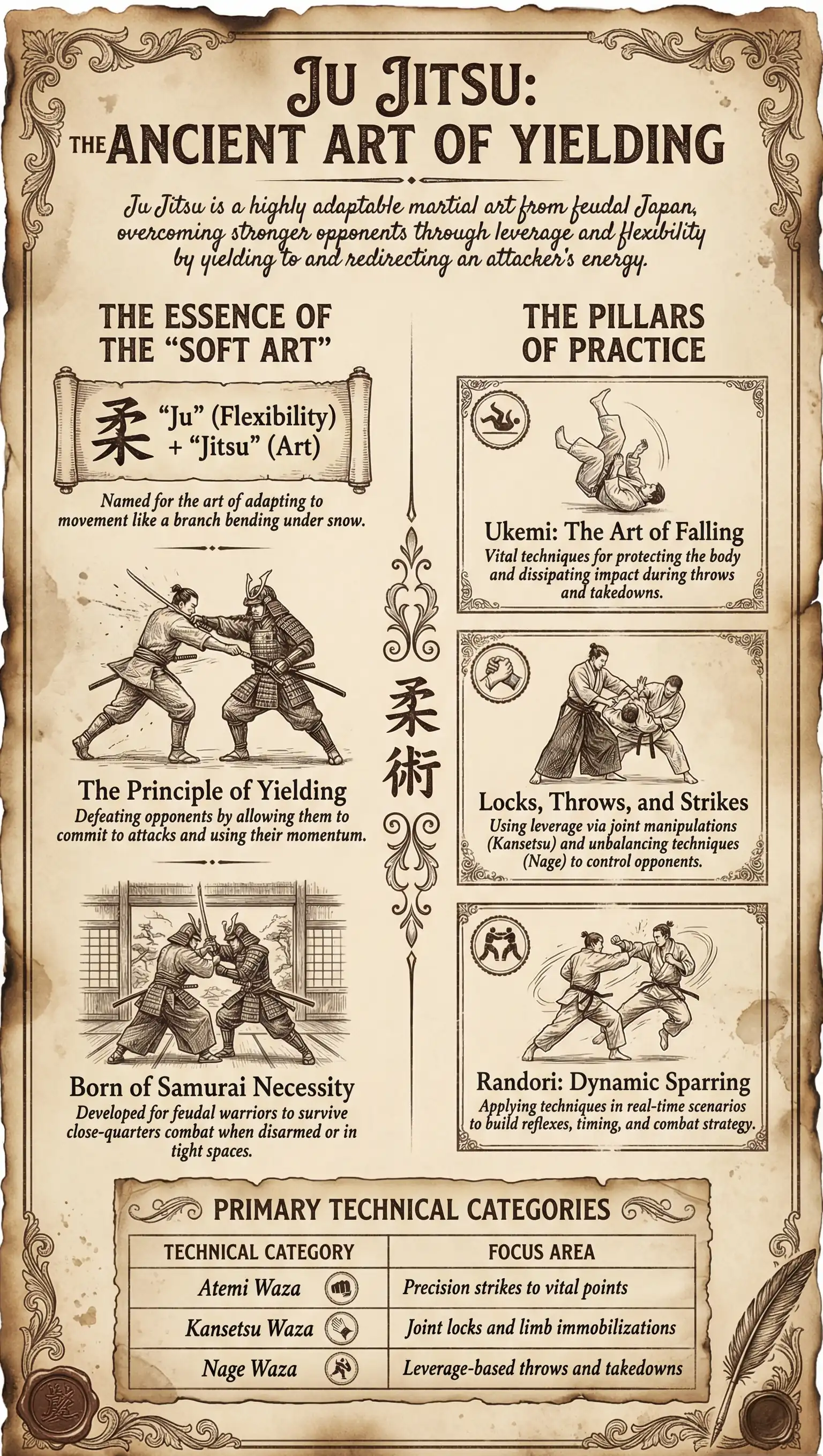 An illustrated infographic explaining the core principles of Ju Jitsu, focusing on its history, techniques like joint locks and throws, and its application in real-world self-defense. The image includes sections on the essence of Ju Jitsu, pillars of practice, and the primary technical categories.