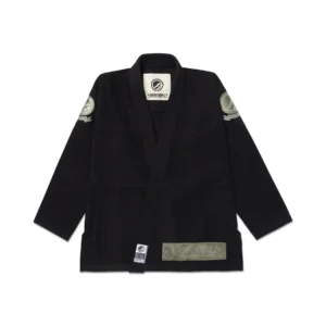 Olive Competitor Shoyoroll Black gi jacket front view showing clean modern cut and reinforced training build Front view of Olive Competitor Shoyoroll Black BJJ gi jacket with durable weave modern fit and minimal olive accents
