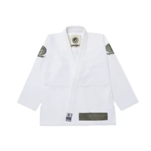 Olive Competitor Shoyoroll Kimono Gi White jacket front view with olive detailing built for daily training Front view of white Shoyoroll Competitor kimono gi jacket with olive accents and reinforced stitching for training