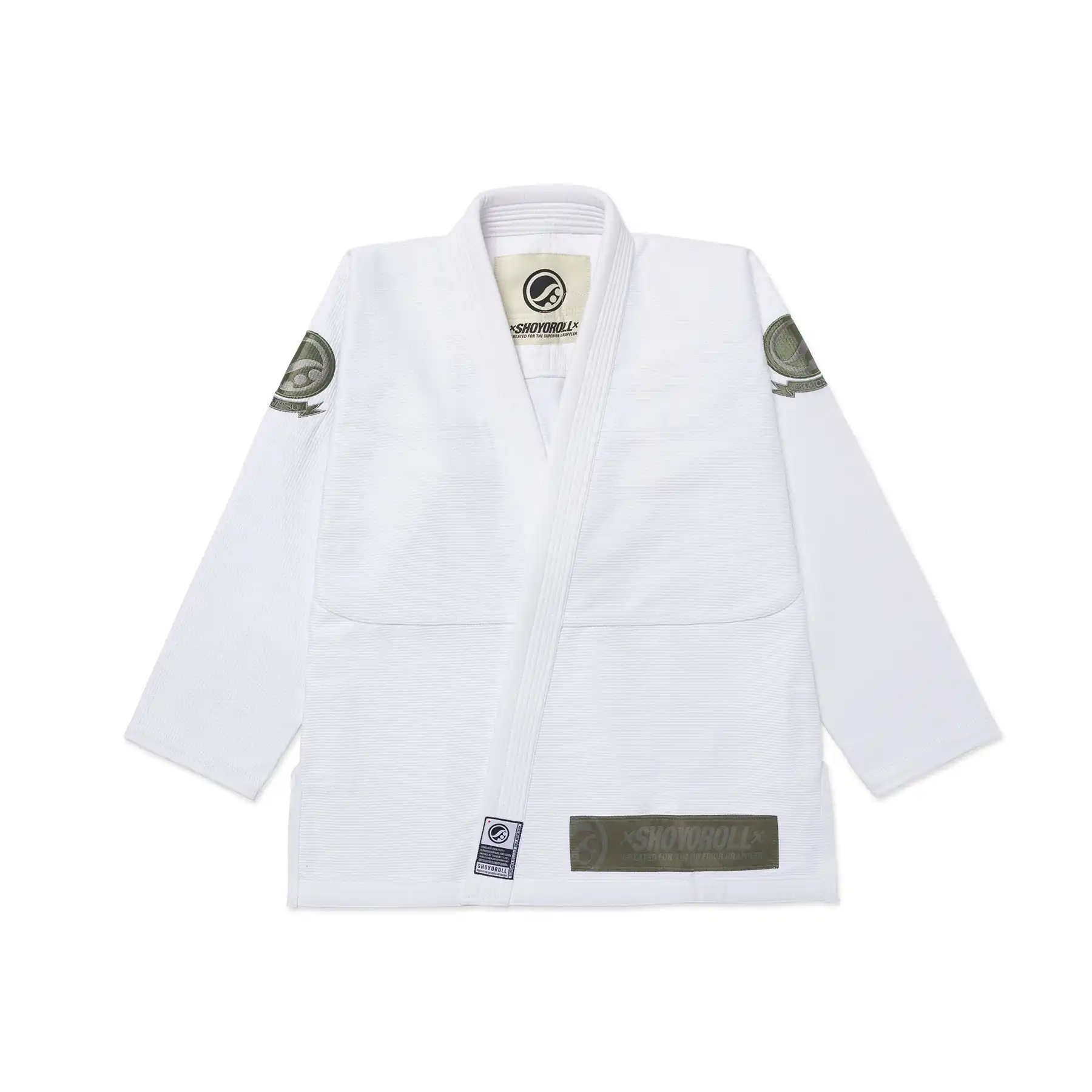 Front view of white Shoyoroll Competitor kimono gi jacket with olive accents and reinforced stitching for training