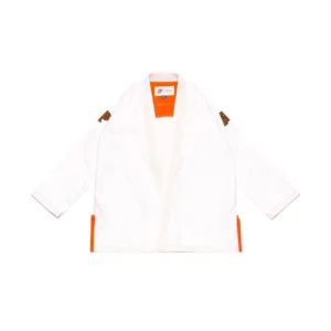 Jiu jitsu gi jacket in pearl weave cotton with orange stitching, competition cut, front view, clean embroidery and patch placement