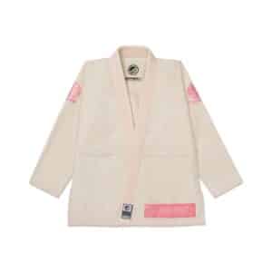 Alternate front angle of Roz Competitor Unbleached jacket showing balanced drape and chest artwork