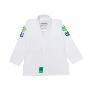 Front view of Shoyoroll S.UGS Kimono showing woven hem label, blue-yellow “S” patch, and green icon embroidery on sleeves.