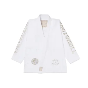 Front view of Shoyoroll x Born x Raised white BJJ kimono jacket with bold “Born X Raised” chest embroidery.