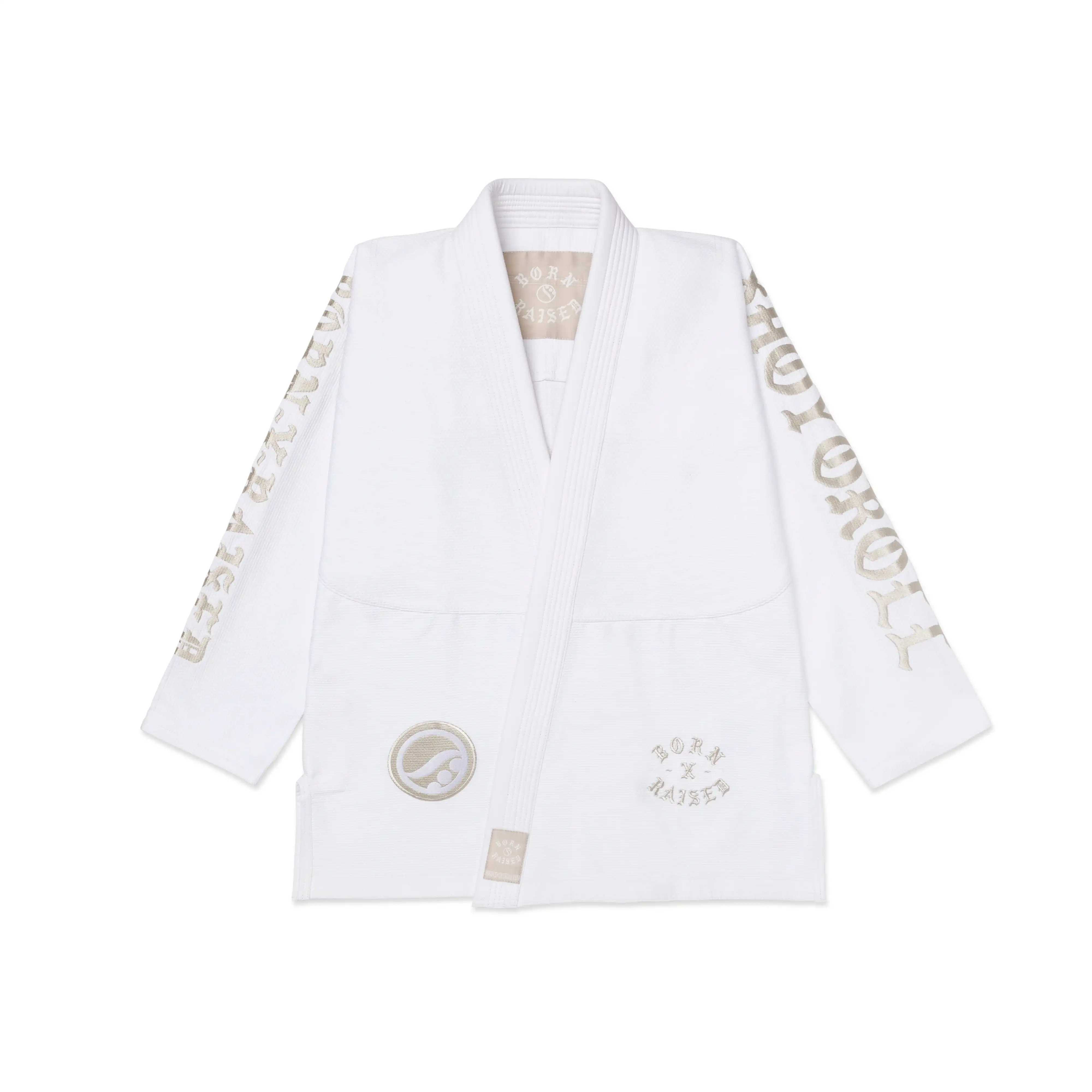 Front view of Shoyoroll x Born x Raised white BJJ kimono jacket with bold “Born X Raised” chest embroidery.