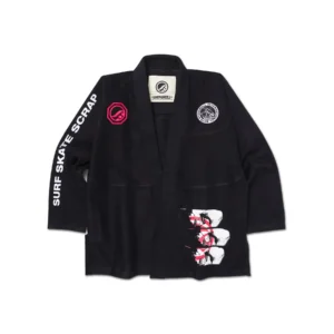 Rough front view of SSS Equipes BJJ Gi jacket showing natural fabric drape, tonal stitching, and pearl-weave texture