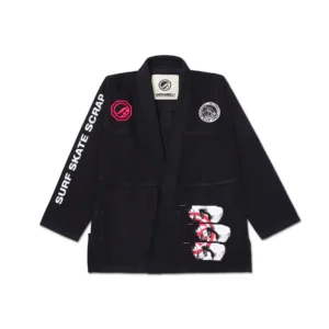 Front view of SSS Equipes BJJ Gi Kimono by Shoyoroll with “surf skate scrap” text on chest, black-on-black build