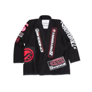 Full front view of the Shoyoroll 24 Federation black gi showing jacket and trousers, patches, and embroidery in one frame.