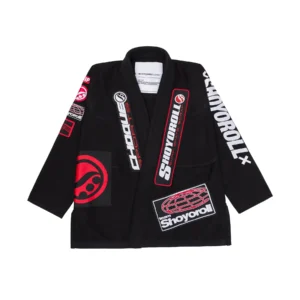 Front view of the Shoyoroll 24 Federation black jacket with red sleeve embroidery, right-sleeve logo, hem logo patch, Team Shoyoroll and Choque Sports patches.