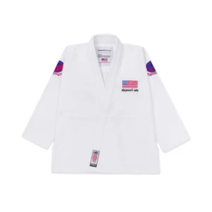 Front view of the Shoyoroll Americana White Kimono jacket showcasing Shoyoroll embroidery on both sleeves.