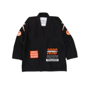 Moto Kimono jacket front showing embroidery “1990 Shoyoroll Equipe Rebels against the main stream” and “Surf Scrad Scrate”