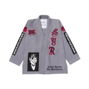 Front of grey Yoga Flame jacket with black “S” and “SYR” embroidery plus a white “Kimono Company Since 2000” patch.