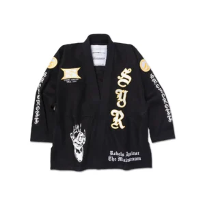 Shoyoroll Yoga Flame full front jacket view in black pearl weave Overall front angle of black Yoga Flame kimono jacket showing tailored fit, chest branding, and pearl weave texture.