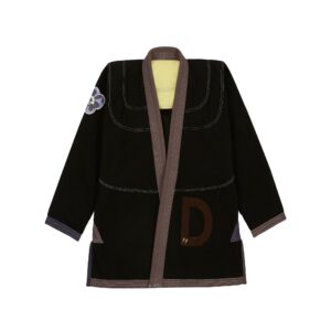 Shoyoroll x Drakes BJJ Kimono black, jacket front showing D chenille crest on chest, 450GSM Pearl Weave, limited edition.