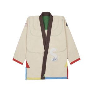 Shoyoroll x Drake’s unbleached BJJ Gi jacket front view in 450g Pearl Weave with Savile Row inspired detailing.