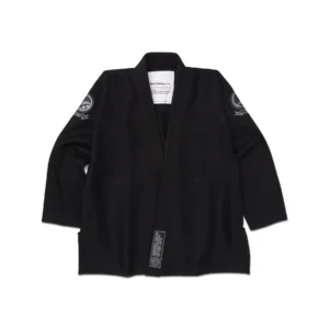 Full front of Spiral Kimono black jacket highlighting pearl weave texture, bottom label, and minimal branding.