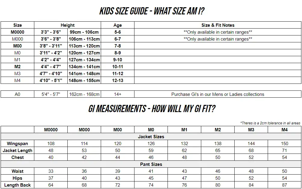 Tatami BJJ Gi size chart for kids updated, with options for height and weight measurements for the perfect fit.