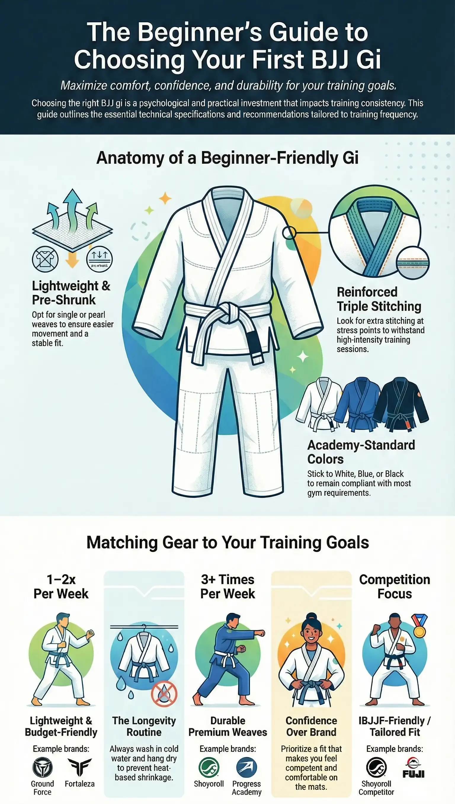Infographic showing tips and recommendations for selecting the best BJJ gi for beginners, covering gi anatomy, fabric options, durability, and matching gear to training goals.
