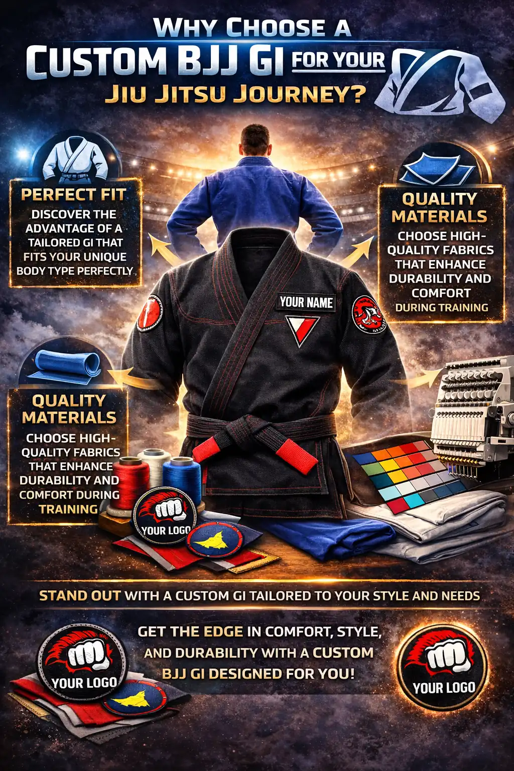 Infographic showcasing the benefits of a personalized custom BJJ gi, featuring key advantages like perfect fit, quality materials, and enhanced performance, with customization options for embroidery and patches.