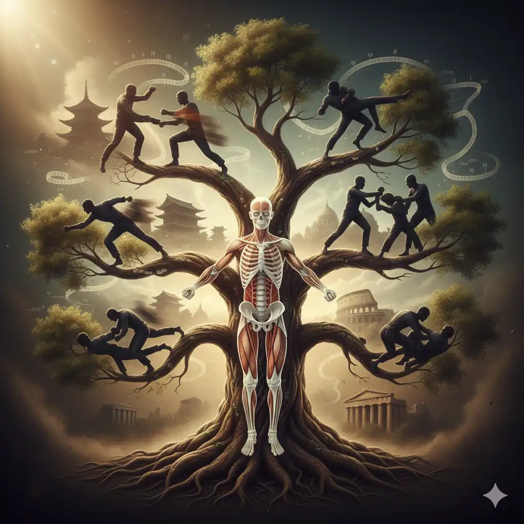 Visual metaphor showing martial arts branching like a tree from shared roots