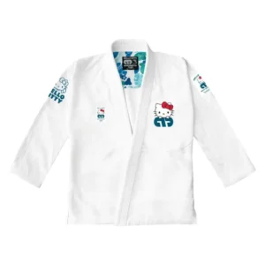 Moya Brand Hello Kitty BJJ gi jacket front view showing detailed Hello Kitty graphics stitched patches and premium material